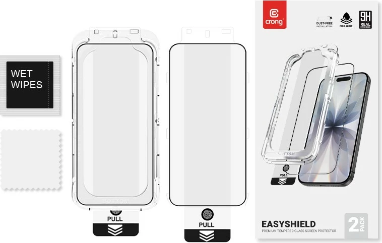 Xham i temperuar për ekran, CRONG EasyShield, 9H Edge-to-Edge, për iPhone 17/17 Pro/16 Pro, kornizë e zezë, set 2-copësh