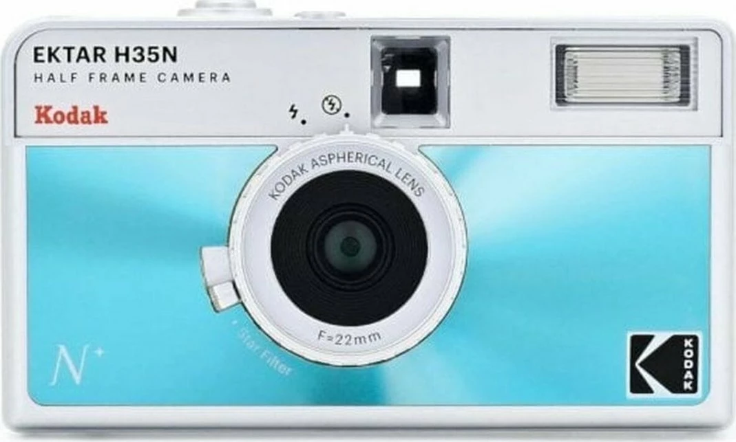 Aparat fotografik analog Kodak EKTAR H35N 35mm Half Frame (17x24mm), lente 22mm f/9.5, flash, blu, me rrip dore dhe çantë