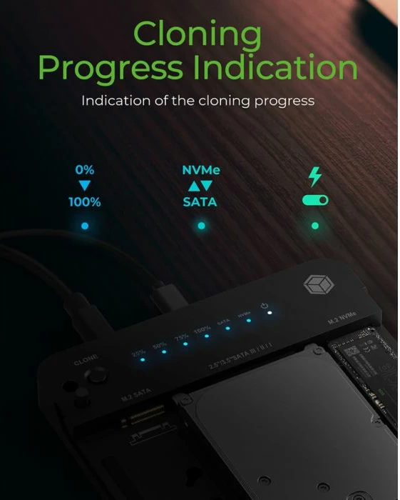 Stacion dokimi & klonimi ICYBOX IB-2915MSCL-C31, USB 3.2 Gen 2 10 Gbit/s, për M.2 NVMe/SATA + 2.5"/3.5" SATA, e zezë