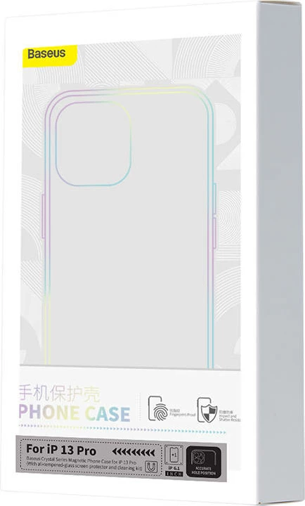 Mbështjellës Baseus Magnetic Crystal Clear për iPhone 13 Pro, transparent, me xham të fortë dhe set pastrimi