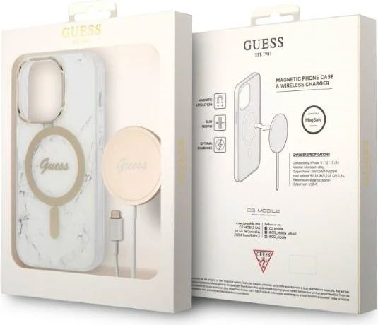 Mbështjellës Guess Marble me MagSafe dhe karikues wireless, për iPhone 14 Pro 6.1", Bardhë