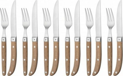 Set thikash dhe pirunësh bifteku WMF 1280636046, 12 copë, ngjyrë kafe dhe metalike