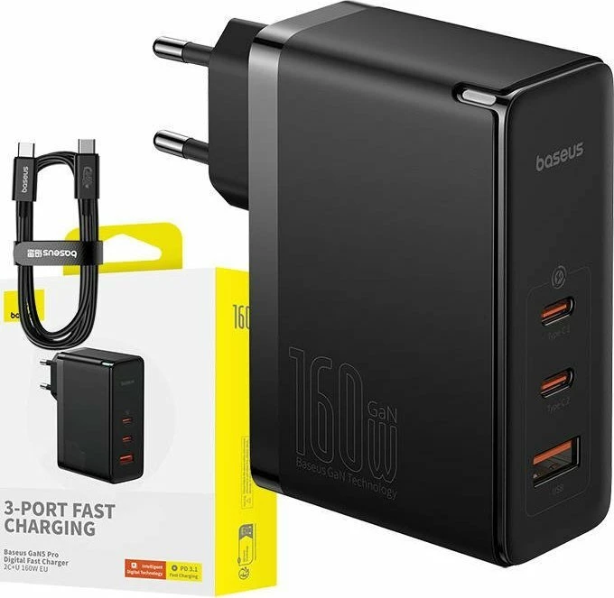 Karikues rrjeti Baseus GaN5 Pro CCGANG160CE 160W 2xUSB-C + USB-A me kabllo USB-C në USB-C 1m, i zi
