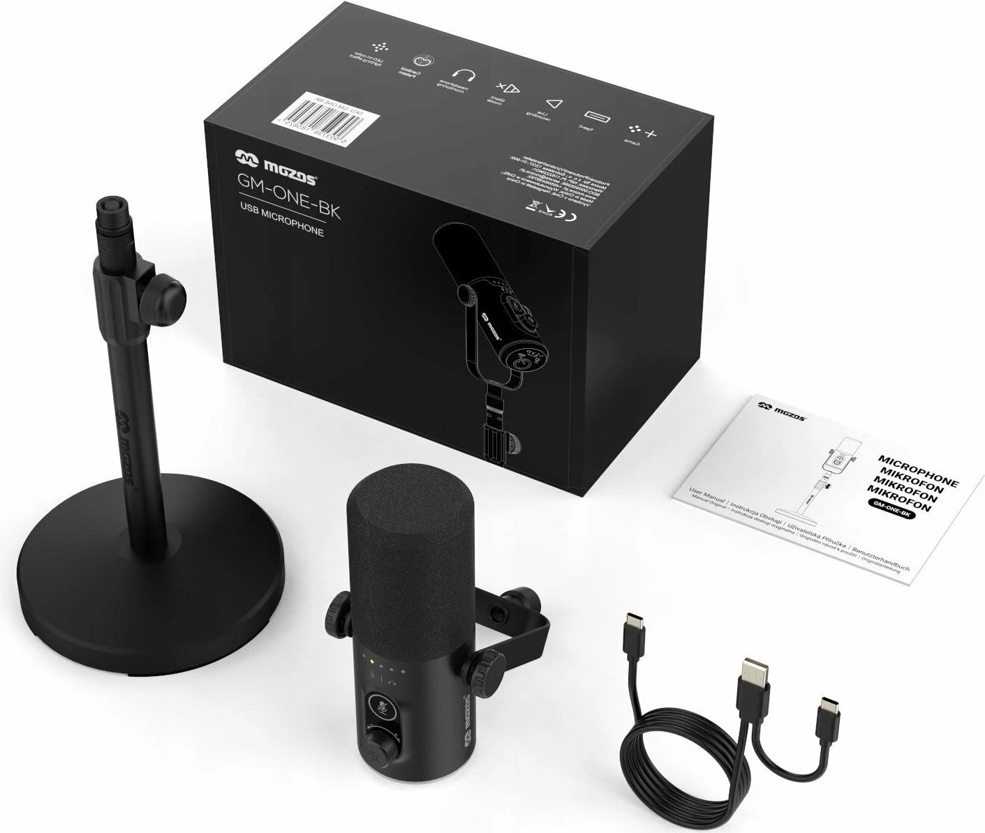 Mikrofon dinamik Mozos GM-ONE, USB-C/XLR, kardioid, me stativ, i zi