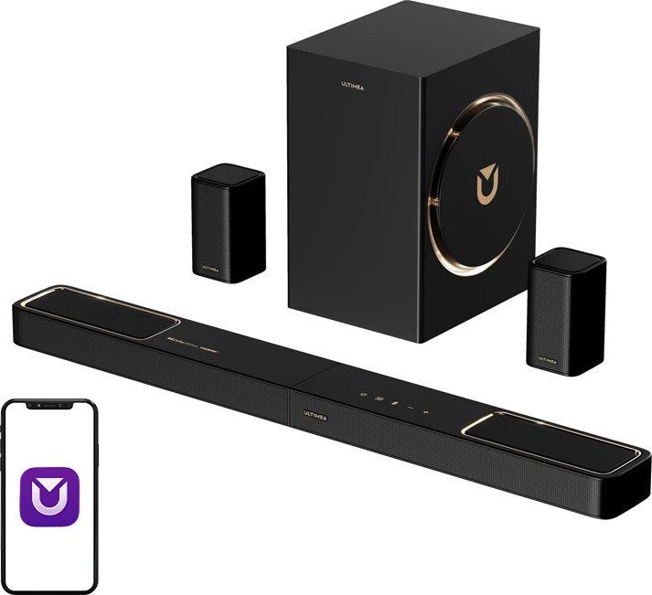 Soundbar Ultimea Skywave F40 BOOM 5.1.2 Dolby Atmos 460 W Bluetooth 5.4 HDMI eARC, e zezë, set me subwoofer + 2 altoparlantë surround