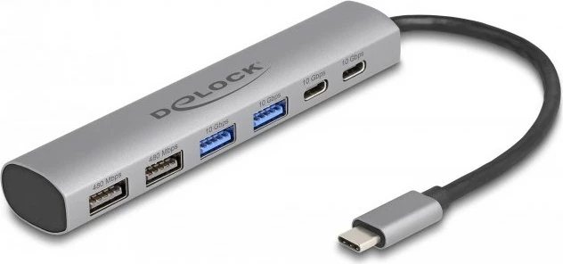 USB hub DeLOCK 6 porta, alumini, USB 3.2 Gen 1, Type-A + Type-C, gri