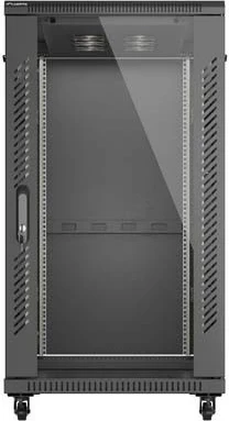 Kabinet rack LANBERG 19" 22U 600x1200, në këmbë, derë me xham, i zi