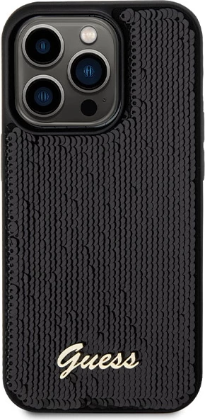 Mbështjellës Guess Sequin Script Metal për iPhone 13 Pro / 13, e zezë