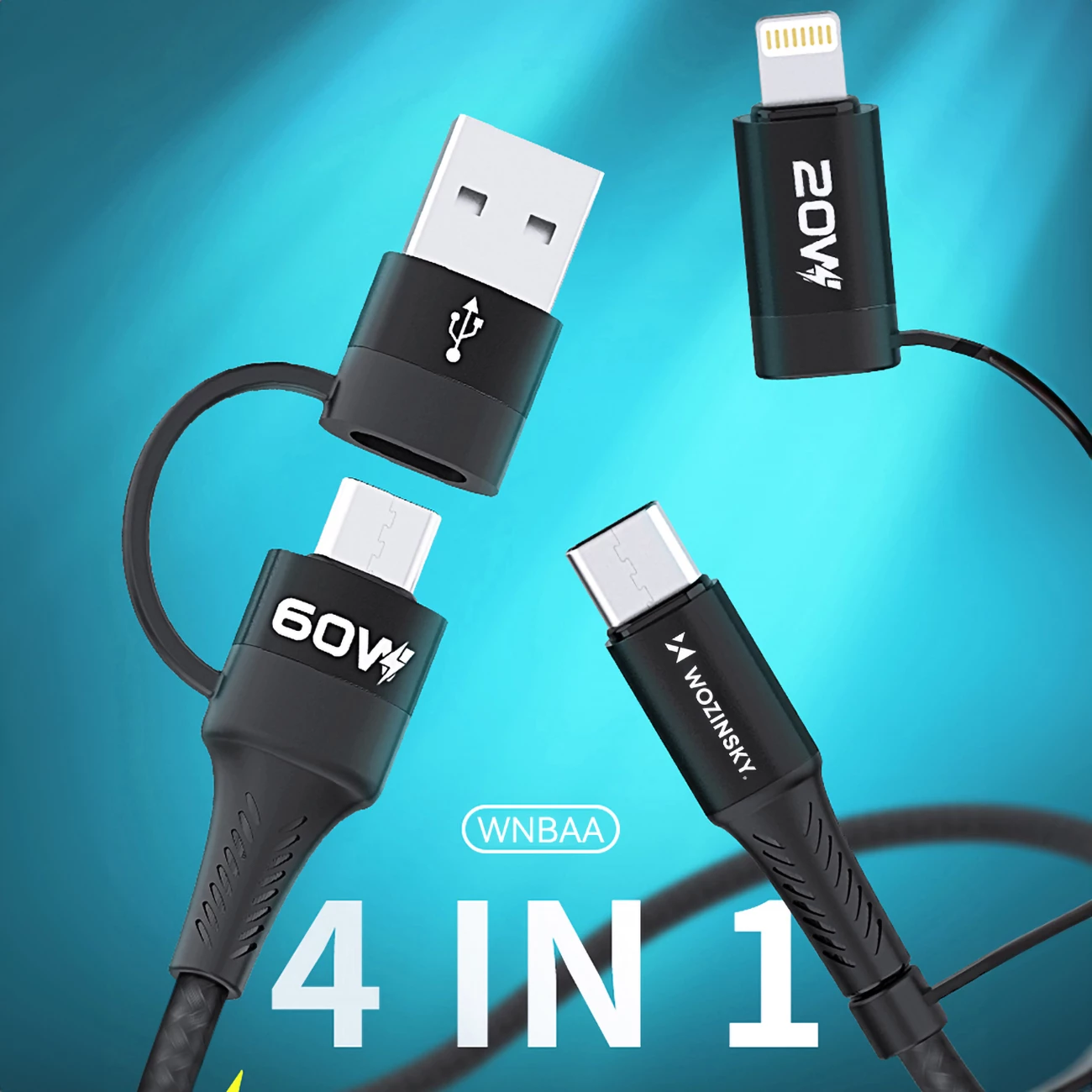 Kabllo 4n1 Wozinsky WNBAA, 1m, USB-C/USB-A/Lightning, 60W, e zezë