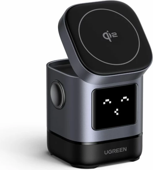 Karikues wireless magnetik UGREEN Uno Qi2 2-në-1 15W me portë USB-C për Apple Watch, gri, set me kabllo USB-C 1m