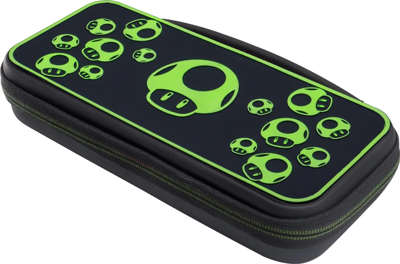 Kasë udhëtimi PDP Nintendo Switch Travel Case Plus 1-Up Glow in the Dark, me mbajtëse të integrume, e zezë/jeshile
