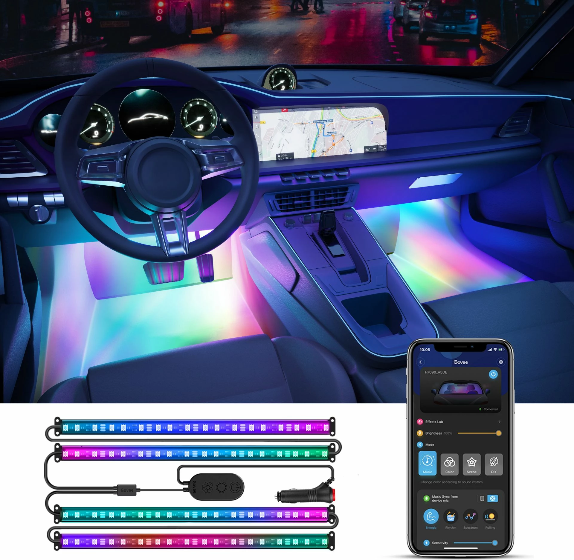 Shirit drita LED për brendi veture Govee H7090, RGBIC, Bluetooth, 12V, 4x 30 cm (set 4 copë)