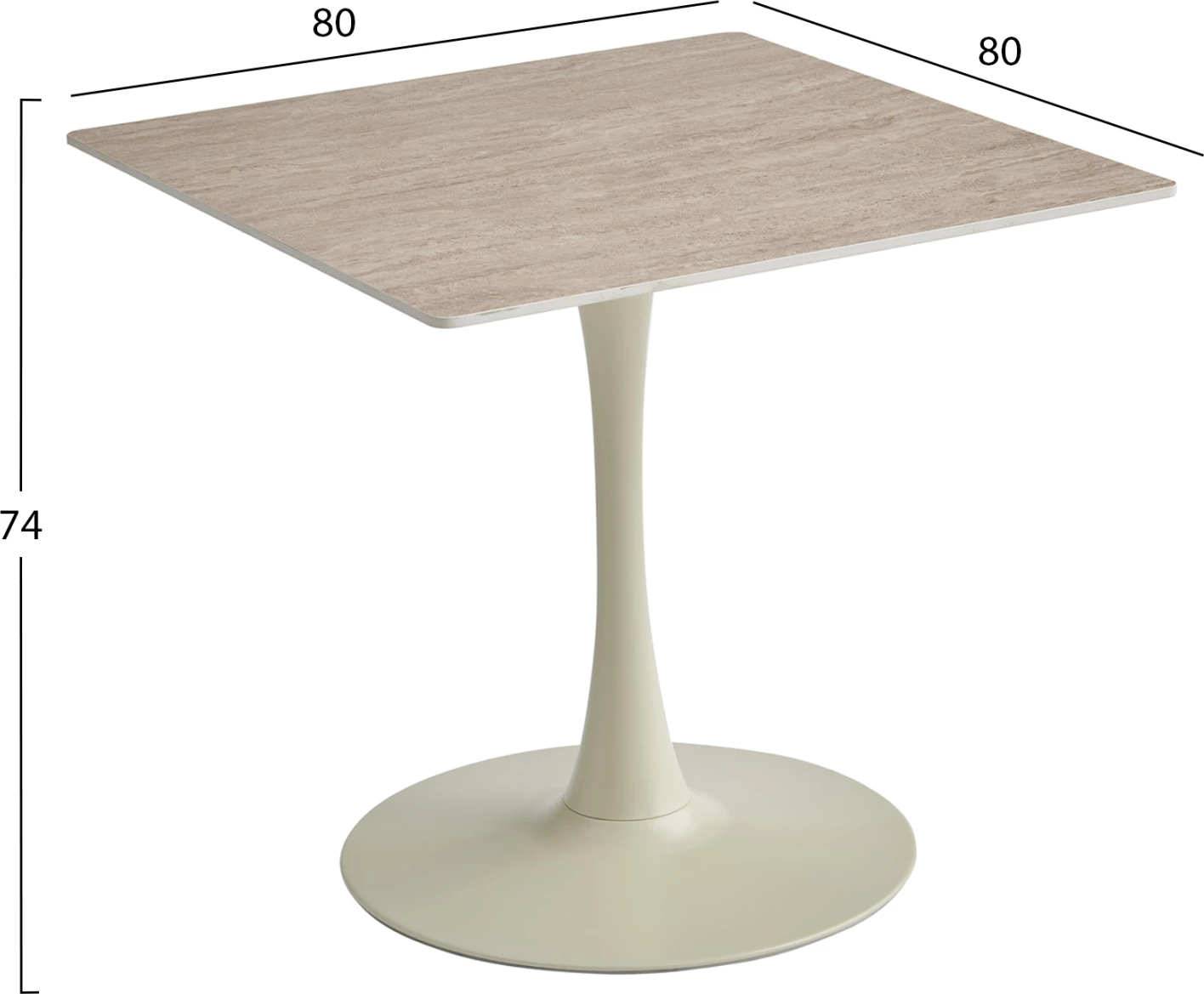 Tavolinë ngrënieje TETRAN, metal ngjyrë shampanje, sipërfaqe gur i sinterizuar, ngjyrë travertin, 80x80x74cm