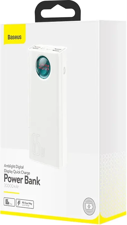 Powerbank Baseus Amblight 30000mAh, 65W, 4xUSB, USB-C, e bardhë