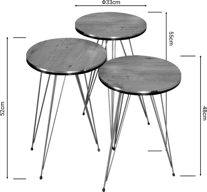 Tavolina anësore Wakmi set 3 copë, melaminë lisi-metal i artë