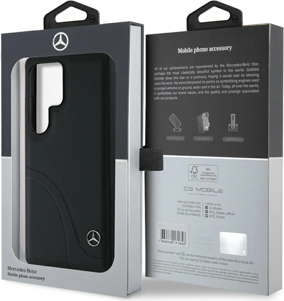 Mbështjellës Mercedes Leather Curved Stitches për Samsung Galaxy S25 Ultra, i zi