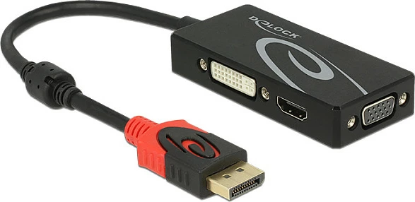 Adapter DeLOCK DisplayPort 1.2 në VGA/HDMI/DVI-D, 4K, 0.2 m, i zi