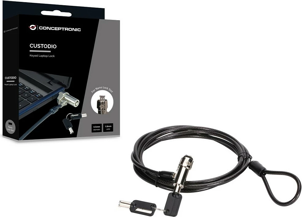 Kabllo sigurie për laptop Conceptronic NBT, Nano slot, 1.8 m, 2 çelësa, e zezë
