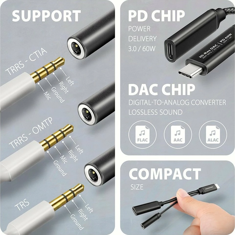 Adapter USB-C Axagon ADA-HCPD, Jack 3.5mm + USB-C PD 60W, i zi
