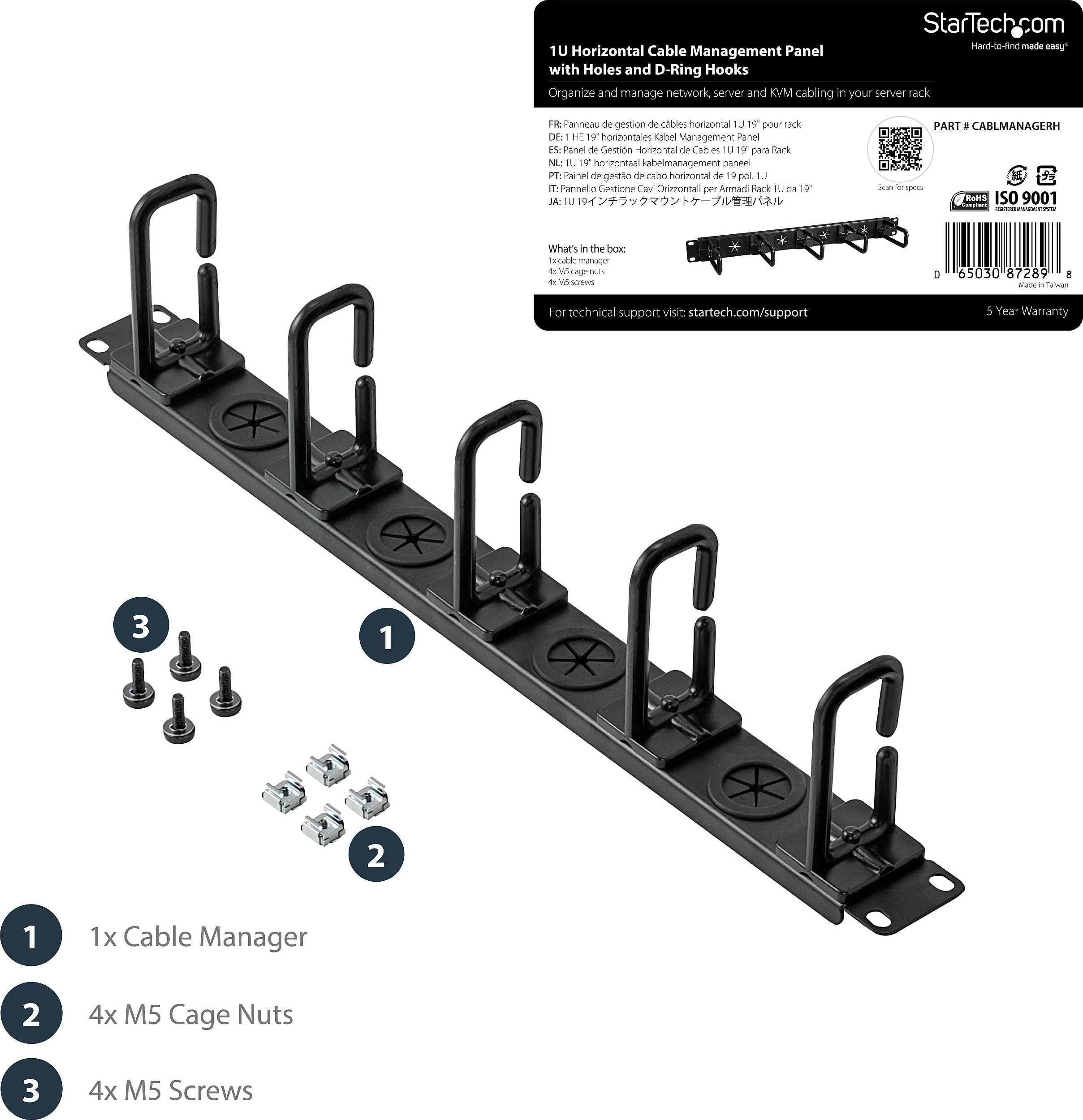 Panel menaxhimi kabllosh për rack serveri StarTech 1U, horizontal, D-Ring, i zi