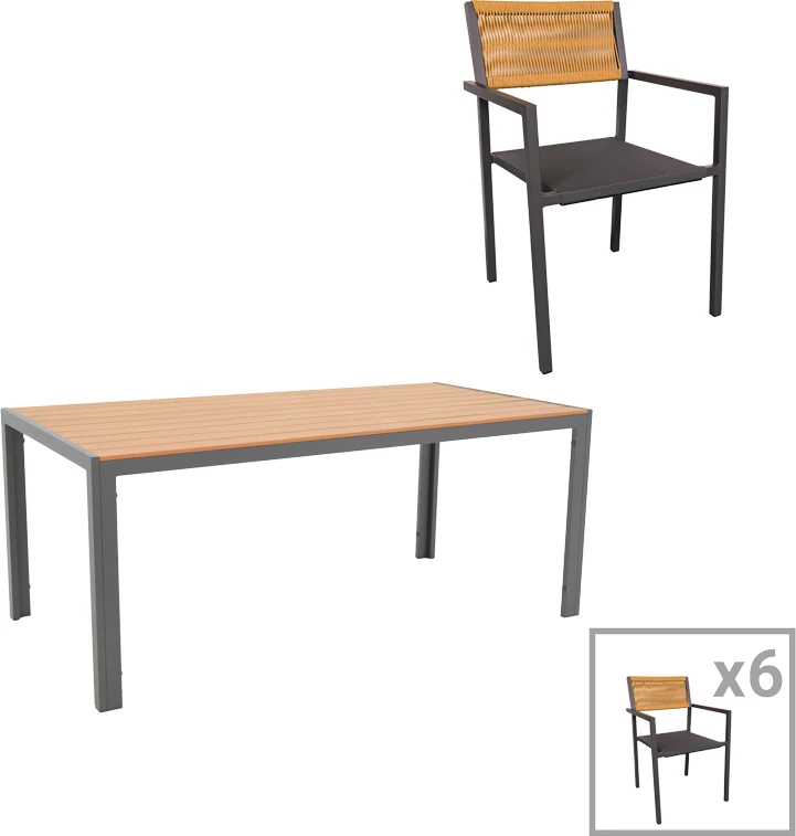 Tavolinë me karrige Savor-Nares set prej 7 copash alumini dhe ratan ngjyrë natyrale 180x90x72.5cm