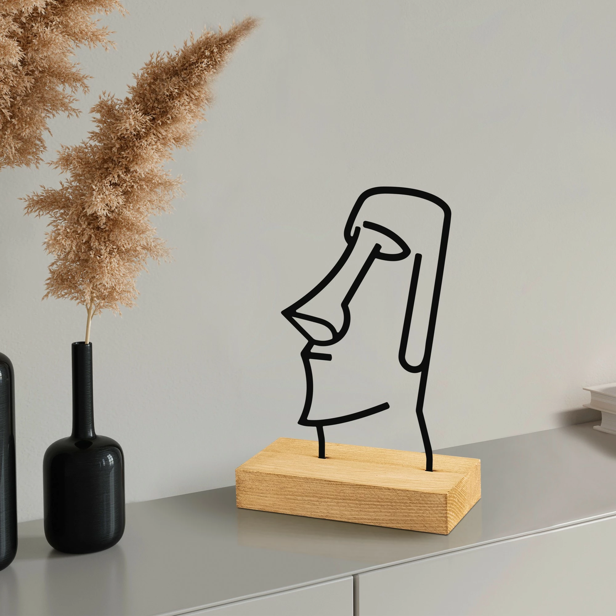 Objekt dekorativ Moai, dizajn Aberto, metal i zi, bazë druri
