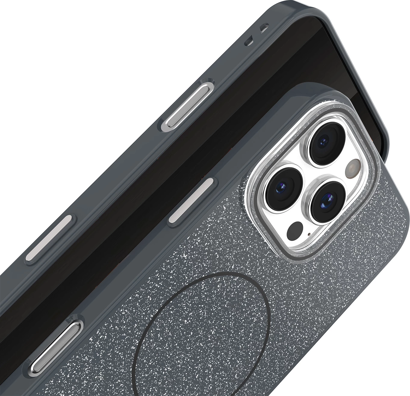 Mbështjellës ONASI Glitter Thin Mag 24085 për iPhone 17 Pro, MagSafe, i hollë 2 mm, butona metalikë, i zi