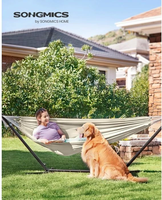 Hamak me kornizë SONGMICS/VASAGLE GHS001M01, 210x150 cm, kapacitet 240 kg, bezh (kornizë e zezë)