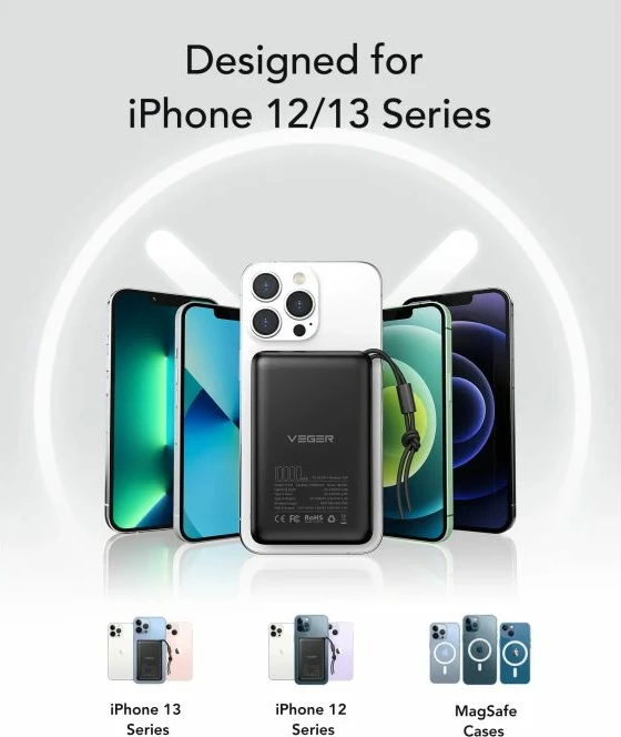 Powerbank VEGER MagOn 10000 mAh, MagSafe/Qi 15W, PD/QC 22.5W, e zez, set me kabllo Type-C + unazë mbështetëse