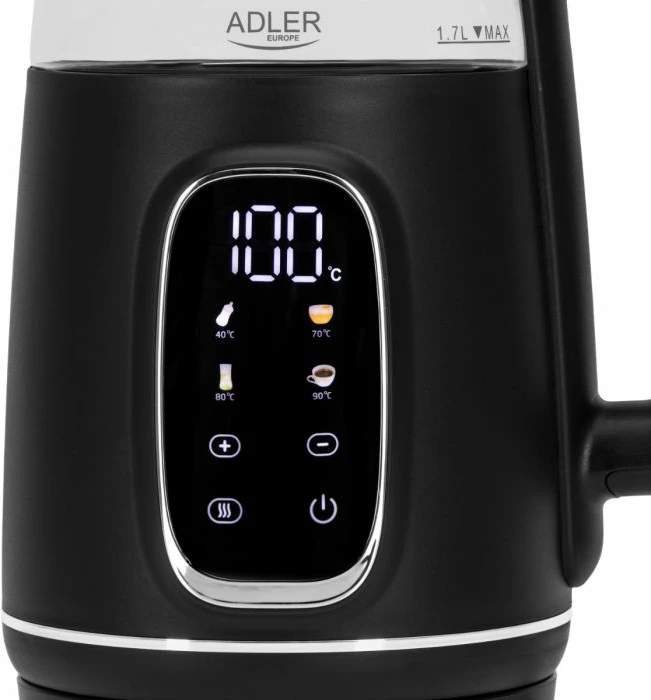 Çajnik elektrik ADLER AD 1305 BS 1.7 L me kontroll temperature dhe ekran LED, e zezë
