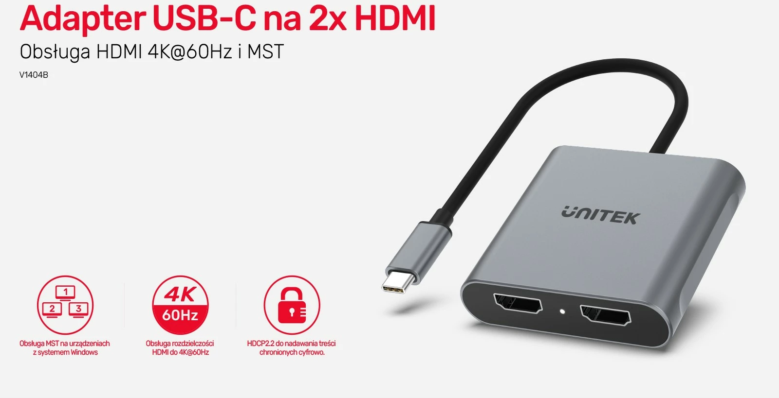 Adapter Unitek V1404B USB-C në 2x HDMI, 4K, MST, Gri