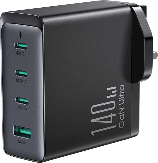 Karikues mur Joyroom JR-TCG05UK GaN, 140W, 3x USB-C, 1x USB-A, me kabllo USB-C/USB-C 240W 1.2m, i zi