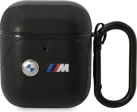 Mbështjellës BMW Leather Curved Line për AirPods 1/2, me karabinë, i zi