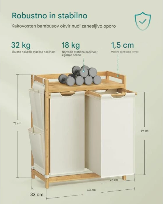 shportë rrobash SONGMICS RLH100W01 100L me 2 ndarje, raft sipër dhe xhepa anësorë, bambu/oxford, 63x33x78 cm, krem e bardhë