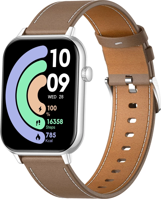 Smartwatch Colmi C28 1.93\" AMOLED, thirrje Bluetooth, AI Da GPT, 230 mAh, rrip lëkure, argjend + rrip kafe