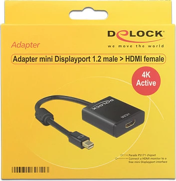 Adapter DeLOCK 62611 mini DisplayPort në HDMI, aktiv 4K, 0.2 m, i zi