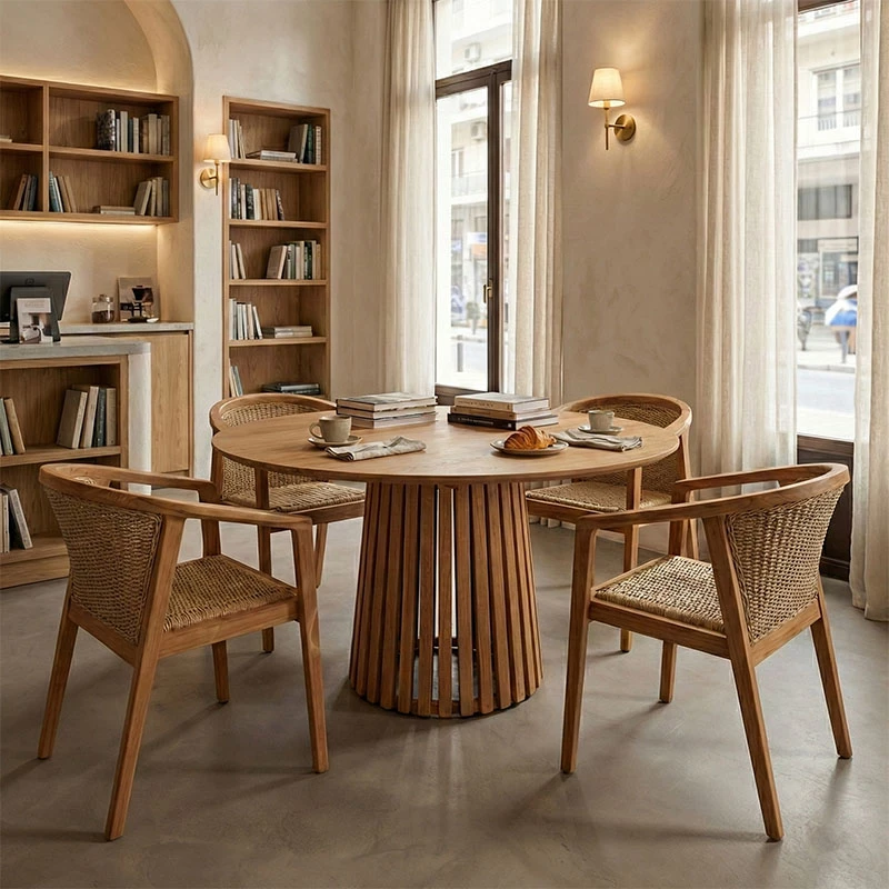 Tavolinë me karrige Granny-Kenda, 5 copë, ngjyrë natyrale-bezhë, Φ120x75cm