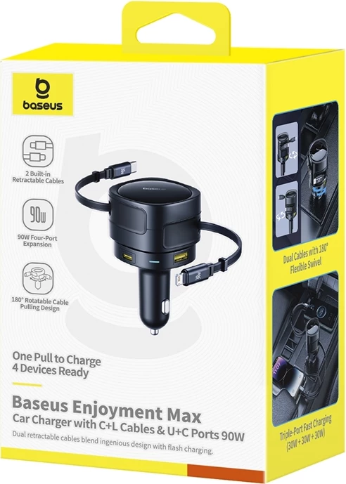 Karikues veture Baseus Enjoyment Max, 90W, 2 kabllo të integruara USB-C + Lightning, 2 porta USB-A + USB-C, zi
