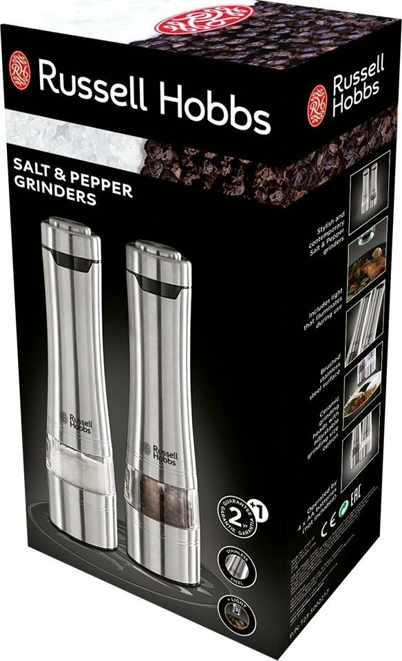 Set mullinj elektrikë për kripë dhe piper Russell Hobbs Classics 23460-56, rregullim i imtësisë së bluarjes, set 2 copë, çelik inox