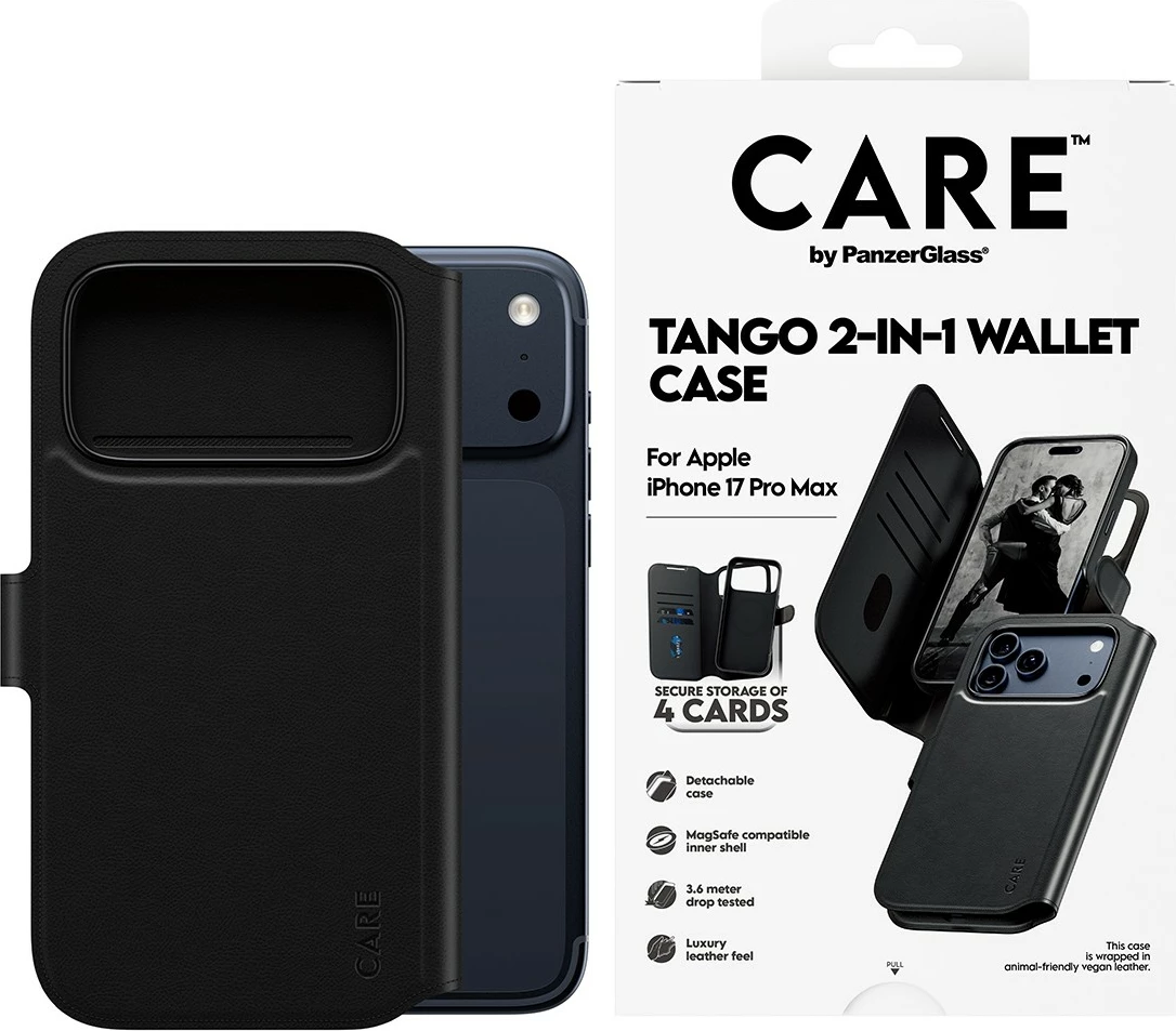 Mbështjellës PanzerGlass CARE Feature Case Tango 2in1 Wallet MagSafe për iPhone 17 Pro Max, i zi