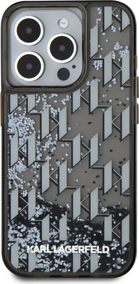 Mbështjellës Karl Lagerfeld Liquide Glitter Monogram Gradient për iPhone 15 Pro Max, i zi