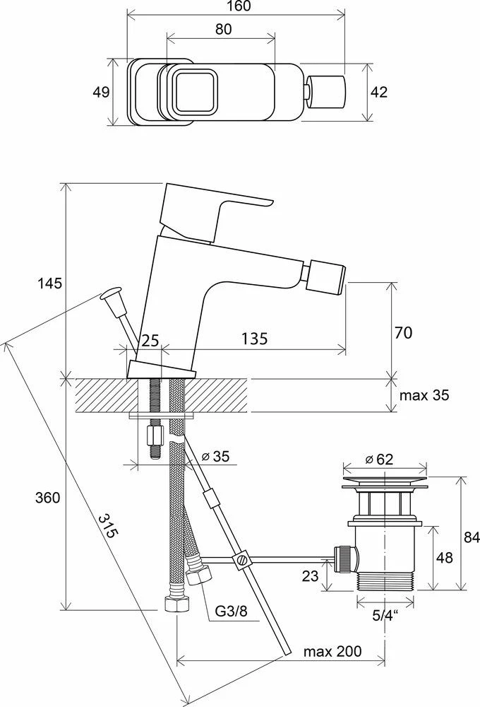 Rubinet bideti Ravak 10° X070067 (TD 055.00), montim mbi bidet, një levë, me tapë, krom