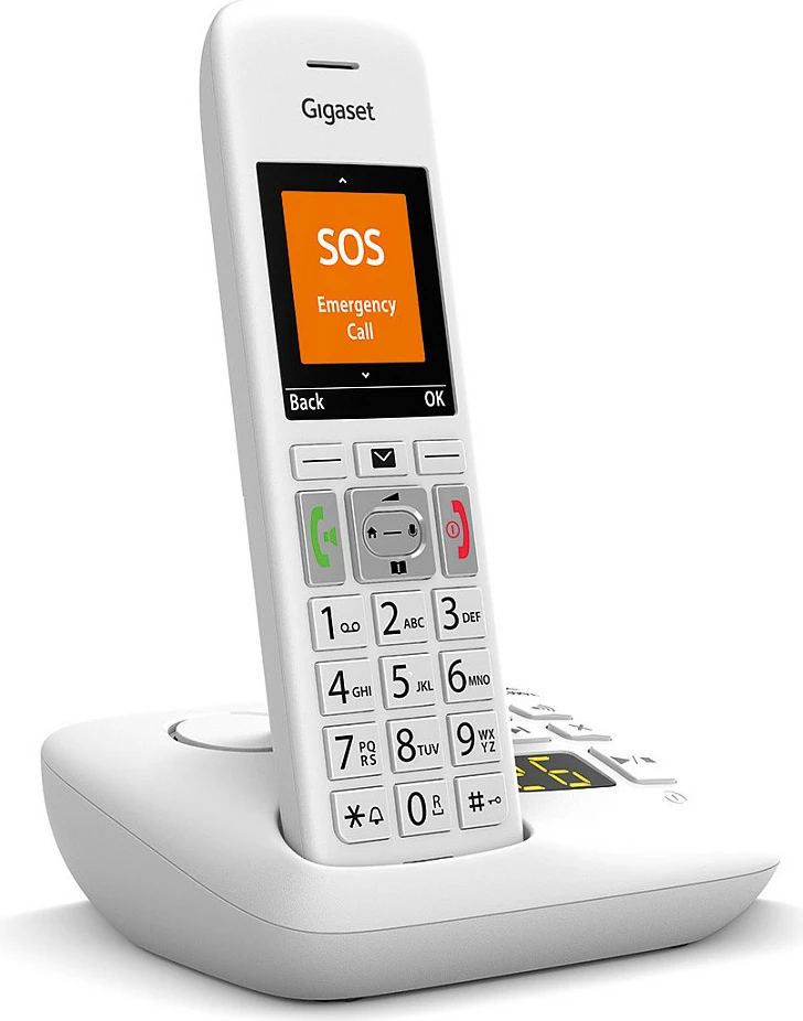 Telefon pa tela Gigaset E390A, DECT, sekretari telefonik 30 min, 200 kontakte, SOS, i bardhë