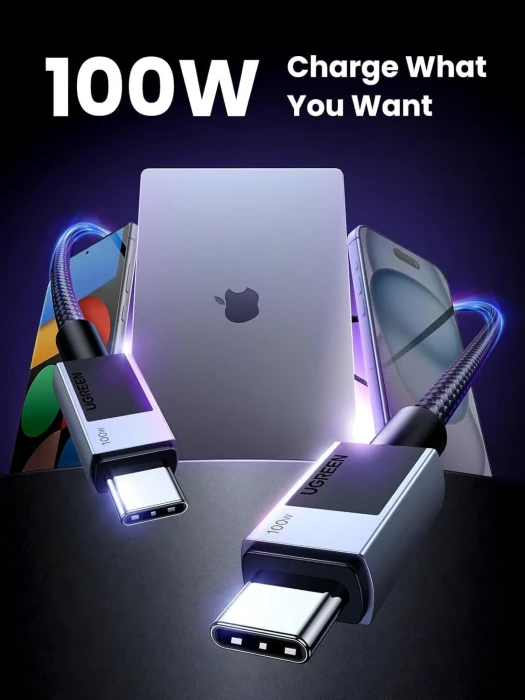 Kabllo karikimi USB-C në USB-C UGREEN 35985, 100W PD 3.0, 0.5m, e thurme (nylon), e zezë/gri