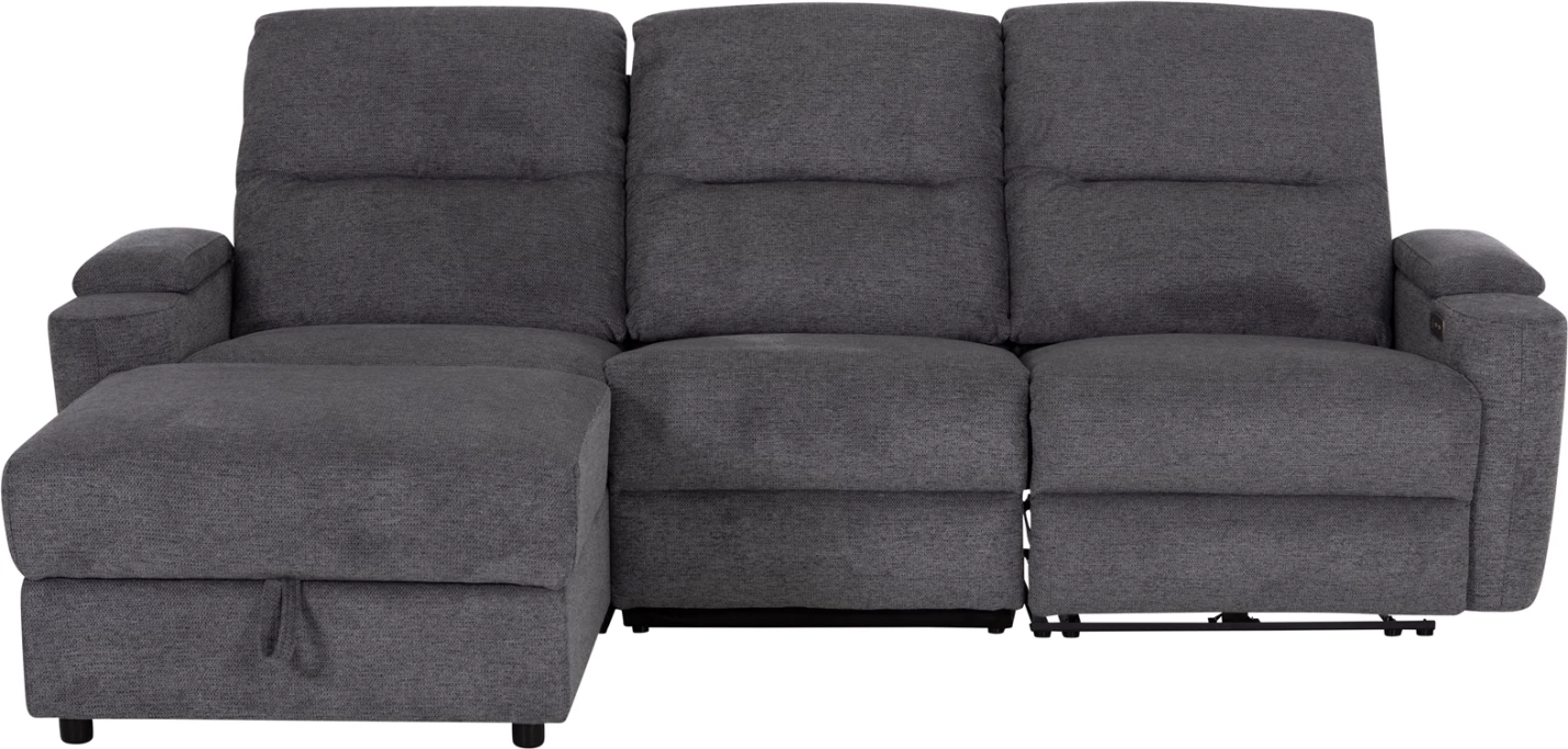 Këndare e majtë SYNTHIA, 3 vende, stof gri, me recliner elektrik dhe hapësirë për depo, 246x159x97cm