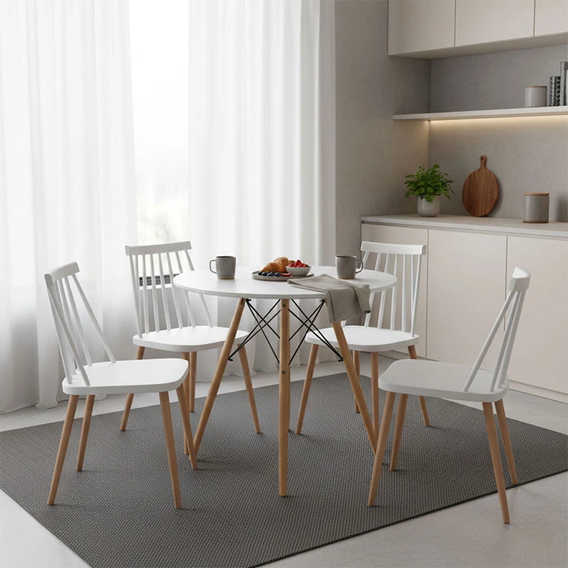 Tavolinë ngrënieje Julita, sipërfaqe MDF e bardhë, këmbë natyrale, D80x73cm