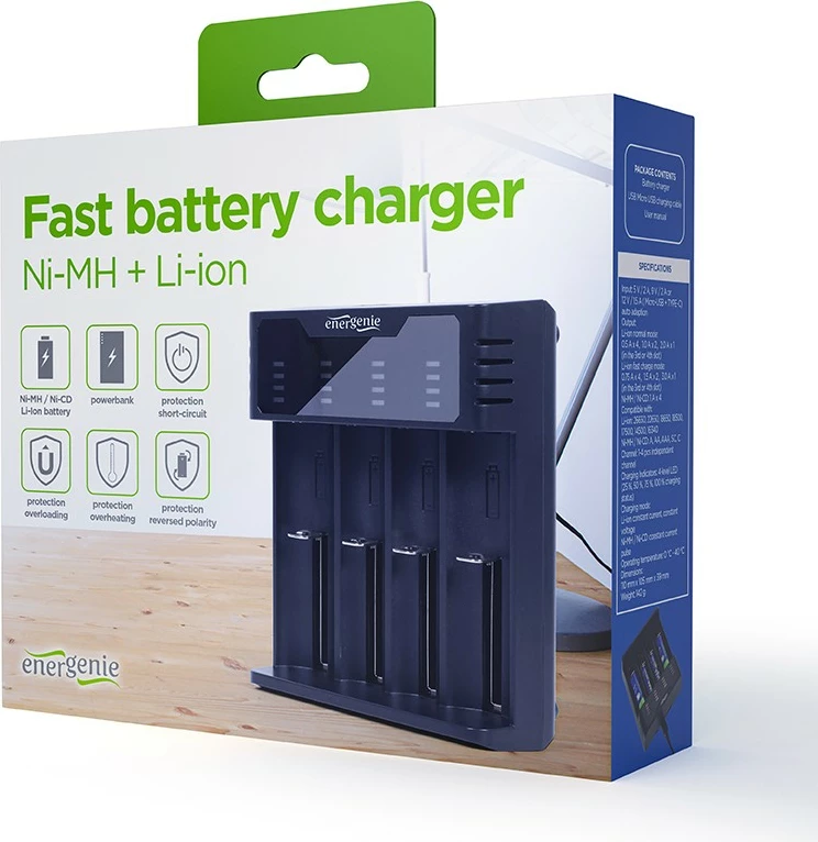 Karikues baterish USB Gembird BC-USB-02, Ni-MH/Ni-Cd + Li-ion, 4 slote, me funksion powerbank 5V/2A, i zi