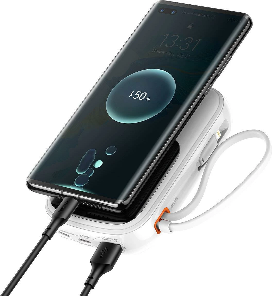 Power bank Baseus Qpow, 10000mAh, 20W, me kabllo Lightning të integruar, Bardhë