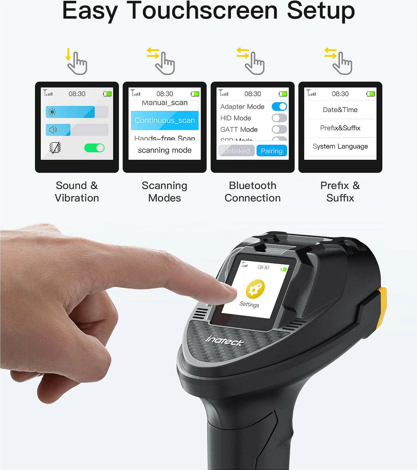 Skaner barkodi Inateck PRO 8, wireless Bluetooth/2.4G, 1D/2D/QR, ekran me prekje 1.4", bazë karikimi, 2600 mAh, zi/verdhë