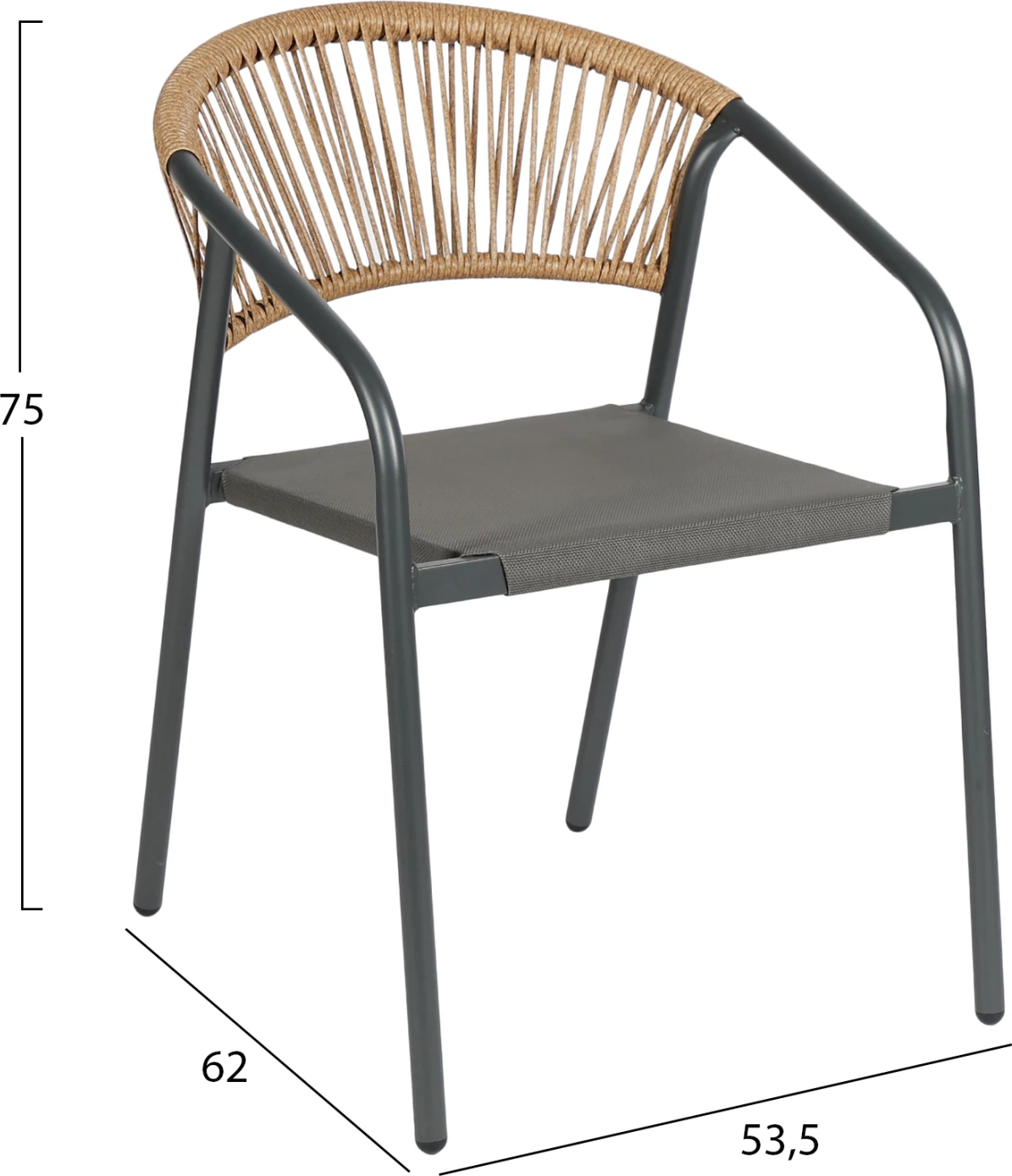 Karrige e jashtme me krahë, strukturë metali, sedilje tekstilene gri, shpinë ratan sintetik bezhë, 53.5x62x75cm